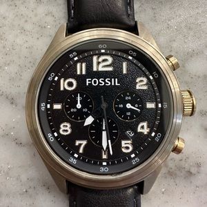 Fossil Chronograph Watch with Black Leather Band
